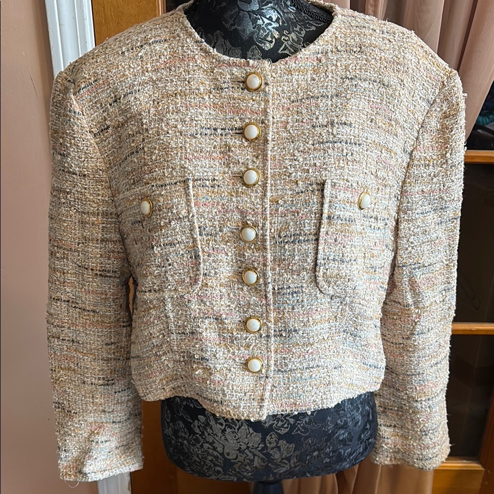 Vintage Louis Feraud Cream Tweed Women's Jacket, 14